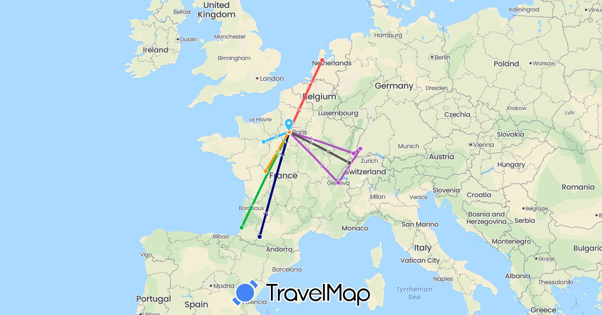 TravelMap itinerary: driving, bus, train, hiking, boat, hitchhiking, motorbike in Switzerland, Germany, France, Netherlands (Europe)
